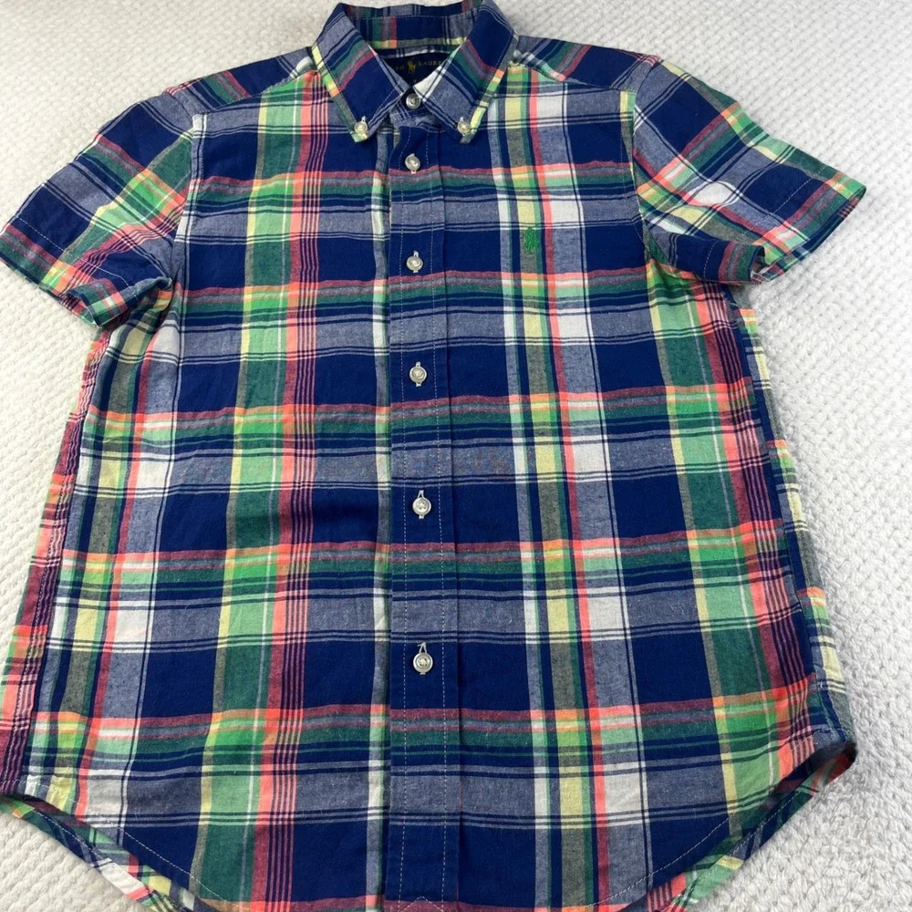 Ralph Lauren Boys Size 7 Plaid Short Sleeve Button Down Shirt Blue Green Orange